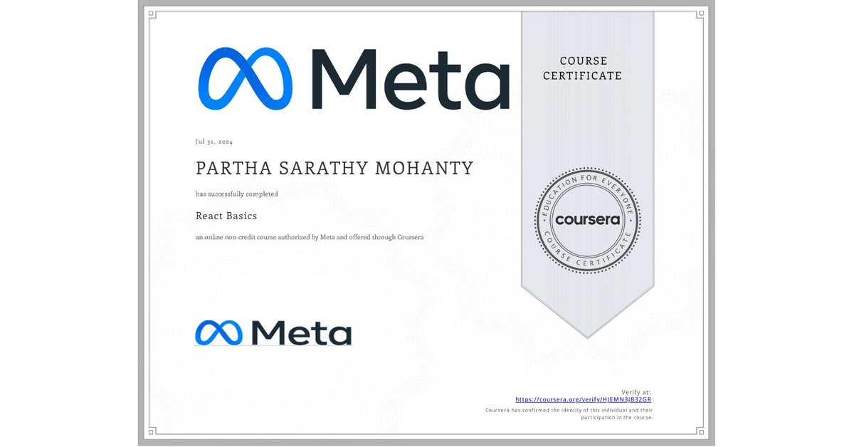 I have completed an online course titled "React Basics" backed by <a href="/Meta/">Meta</a> and hosted on <a href="/Coursera/">Coursera</a>!

Thank you <a href="/Meta/">Meta</a> <a href="/coursera/">Coursera</a> and <a href="/ChatGPTapp/">ChatGPT</a> <a href="/OpenAI/">OpenAI</a>

#WebDevelopment #HTML #CSS #Coursera #Meta #TechSkills #reactjs #chatgpt4o  #buildinpublic