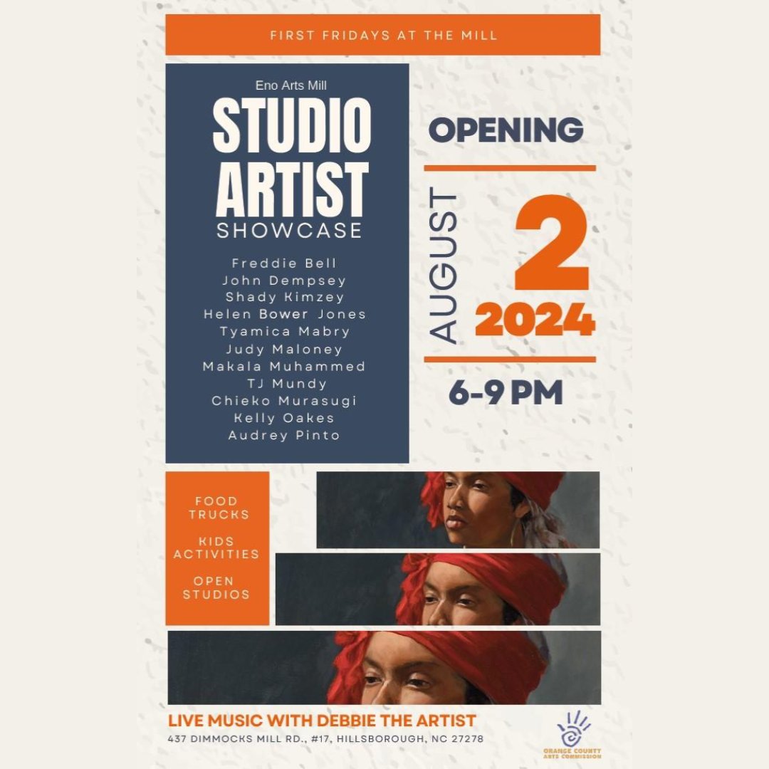 OCNCArts's tweet photo. TOMORROW!! First Friday at the Mill: 6-9pm @ the Eno Arts Mill
🖼 Eno Arts Mill STUDIO ARTIST SHOWCASE 
🎶 Debbie the Artist
🍴 Blu Lotus Thai 
🖌 Free Art Activity w/TJ Mundy &amp; Shady Kimzey
🎈Free Kids Activities
🎨 Open artist studios

🔗https://t.co/5hXu9lYfsZ https://t.co/ekIw54auy6
