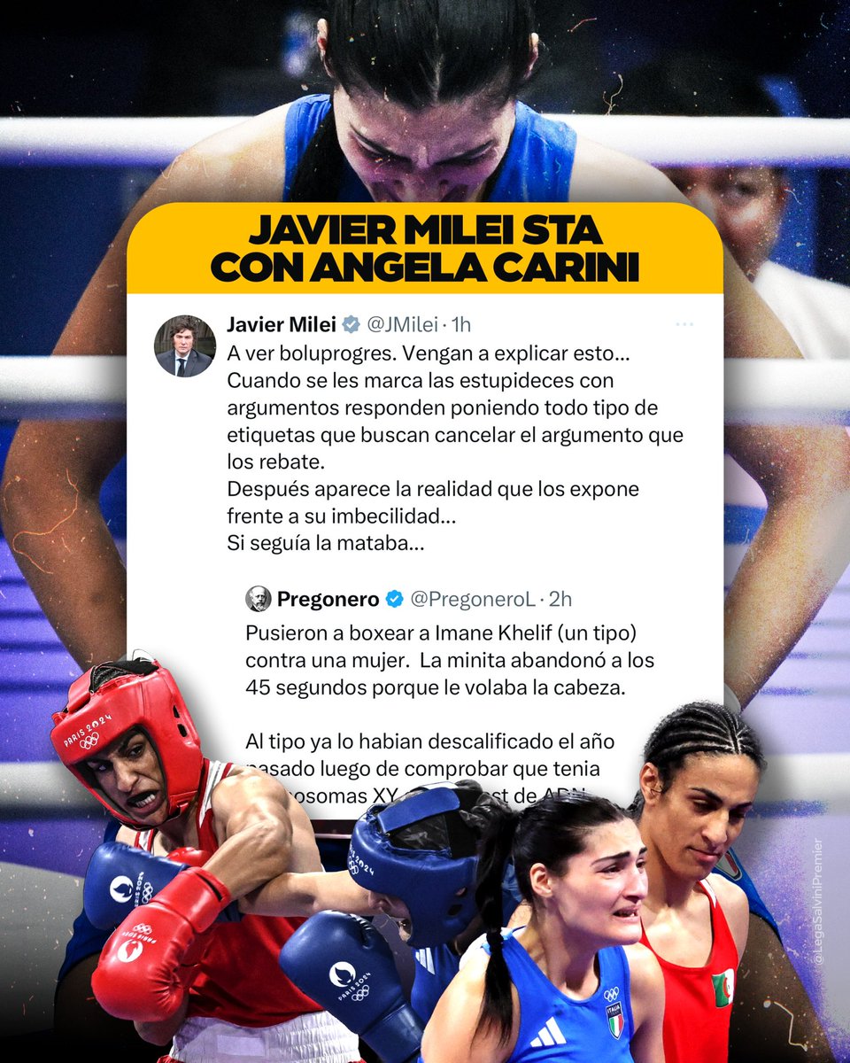 LegaSalvini's tweet photo. IO STO CON ANGELA CARINI

@elonmusk, @jk_rowling e @JMilei sono solo alcune delle persone che, in tutto il mondo, stanno sostenendo la nostra Angela Carini.

Il messaggio è chiaro: basta con le follie dell’ideologia woke!

La Lega sta con Angela, forza! 🇮🇹
#IStandWithAngelaCarini https://t.co/BBV4B0lrP5
