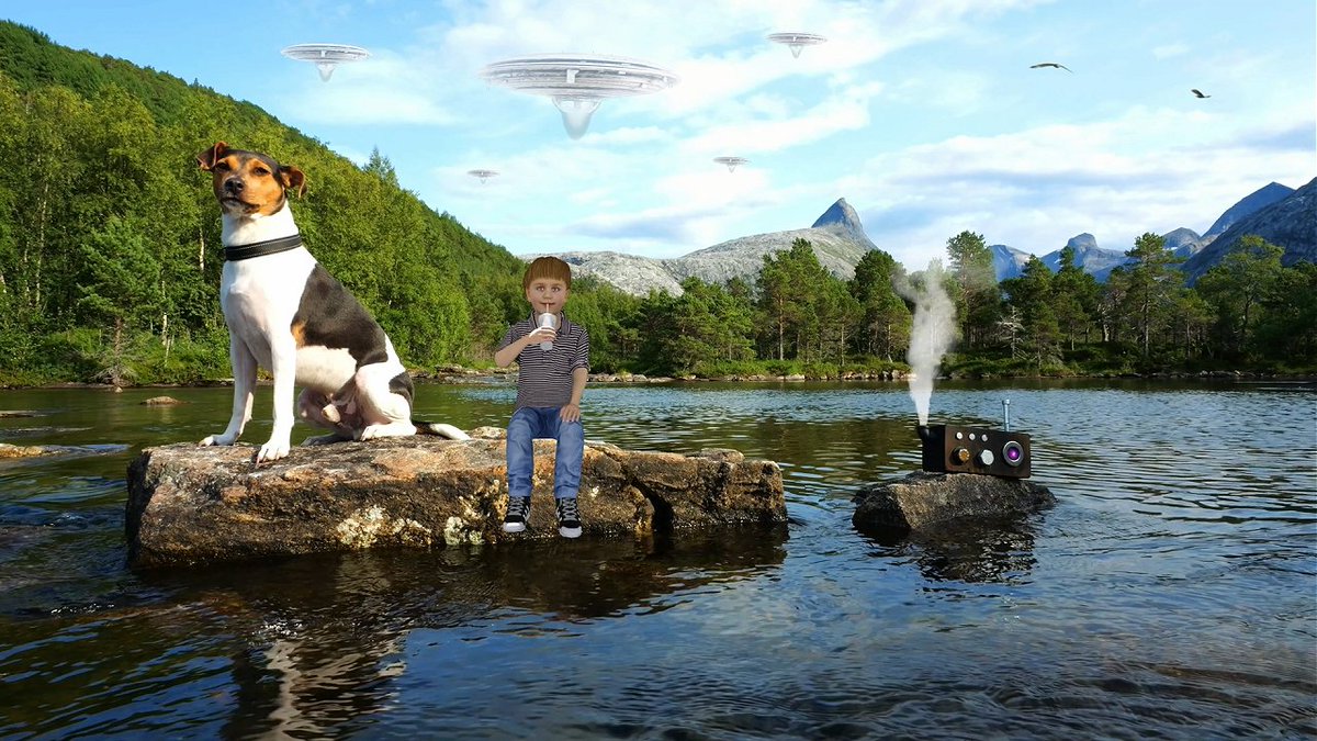 NatureSoundsNOW's tweet photo. On a rock in a calm river, a boy and his dog are listening to Summer Dreams on the magical Radio. A Celtic-inspired musical piece with calm harp music fused with the sound of a river flowing and birds singing in the forest https://t.co/9DAKN483n5