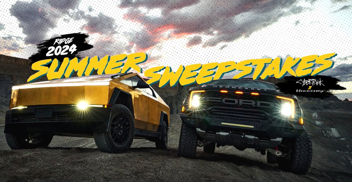 Seanfrank's tweet photo. 2024.
A world divided
Politics. Olympics. brat summer
Tensions rise faster than the summer heat
One company stands between chaos or clarity
INTRODUCING THE RIDGE SUMMER SWEEPS!

Win a-
HENNESSEY VELOCIRAPTOR VS GOLDPLATED CYBER TRUCK
(or 100k)

what am I talking about? A thread: https://t.co/pM1x9Q440j