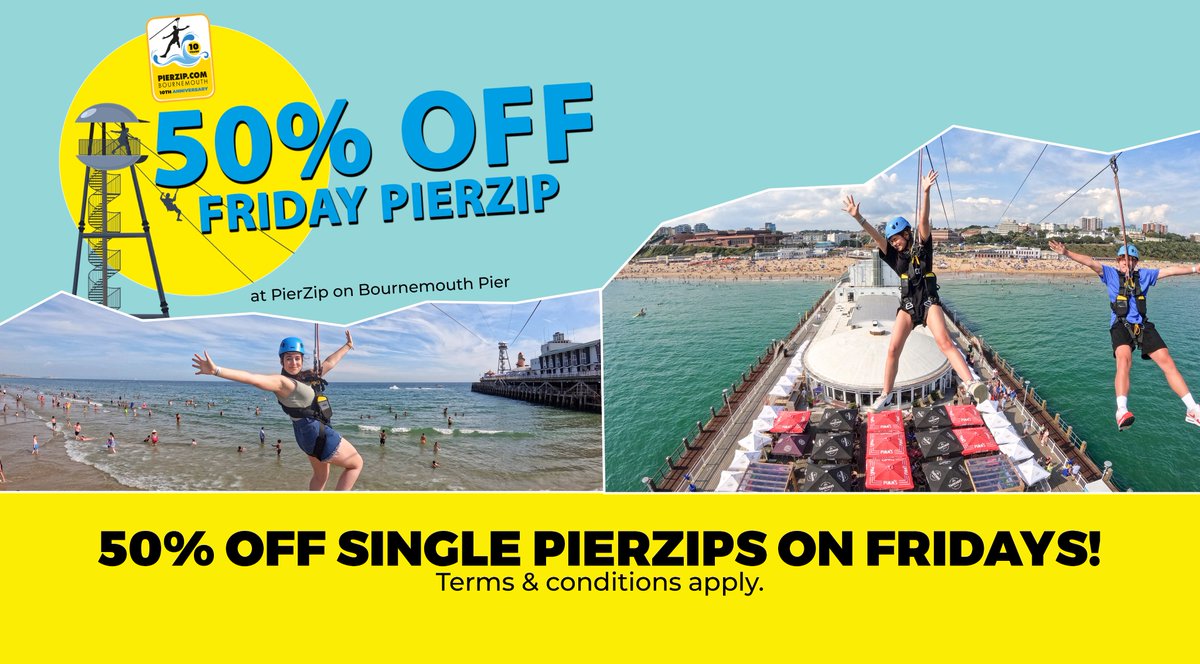 Everyone loves a summer saving, right?

50% off single PierZip experiences every Friday in August!

Book your adventure here: bit.ly/50percentoffpi…
.
.
.
.
#BournemouthPier #RockReef #SummerSavings #PierZipAdventures #FridayFun #AugustDeals #OutdoorThrills #AdventureAwaits