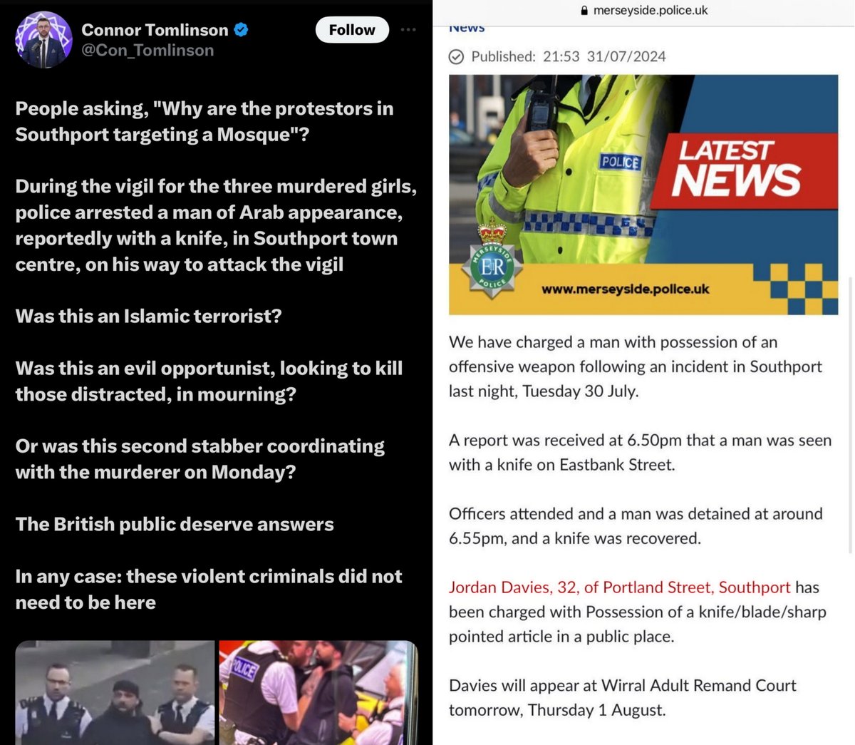 nib95_'s tweet photo. @I_amMukhtar So on top of the right being wrong about the Southport killer and recent Leeds riots being perpetrated by Muslims, the "Arab Muslim looking" guy arrested with a knife outside the mosque at the Southport riot, was one of their own 😐

Jordan Davies, a white, far right Islamaphobe. https://t.co/ets9oai3IP
