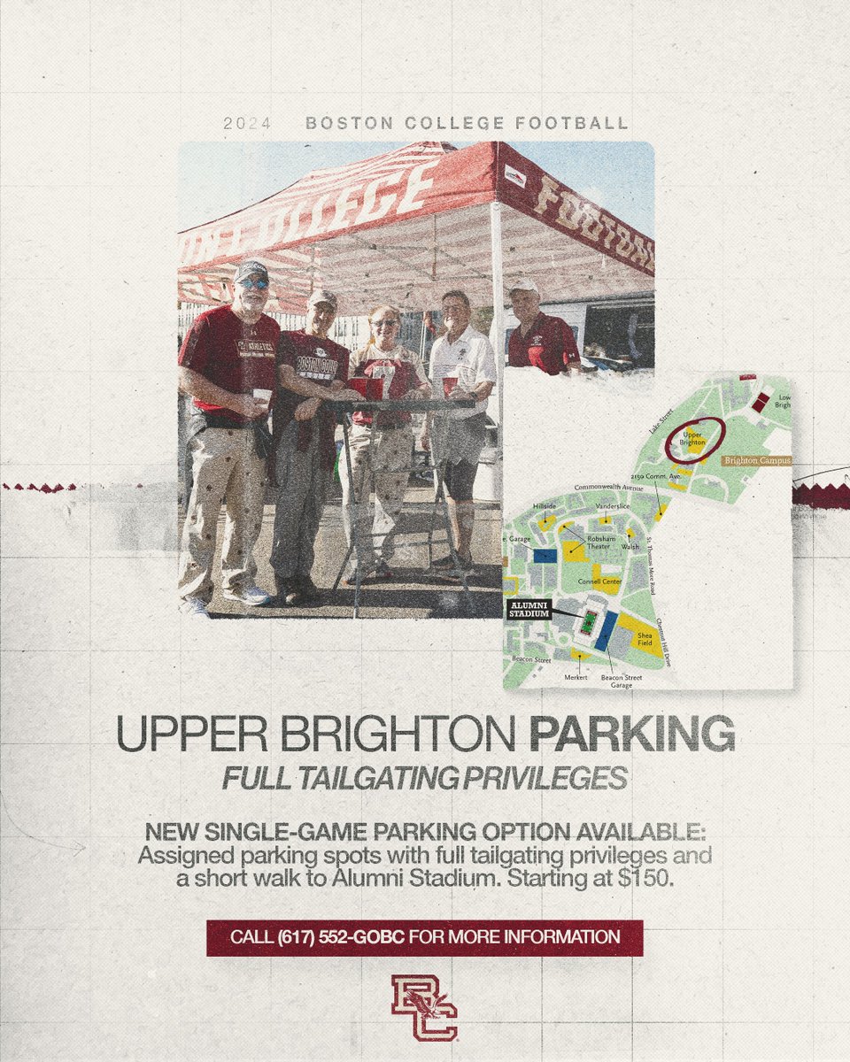 BCEagles's tweet photo. New Full Tailgating Single-Game Parking 🏈

New single game parking option available for @BCFootball home games. Assigned parking spots with full tailgating privileges and only a short walk to Alumni Stadium!

More Info:  https://t.co/FvLupA8VGX https://t.co/coJZgV5My7