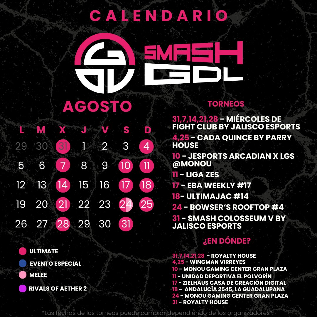 LLegó Agosto lleno de torneos !! 🙌🏼

La reta nunca para en GDL 🫡

¿En cuál torneo nos veremos? 🫣

3,2,1... GO !! 👊🏼