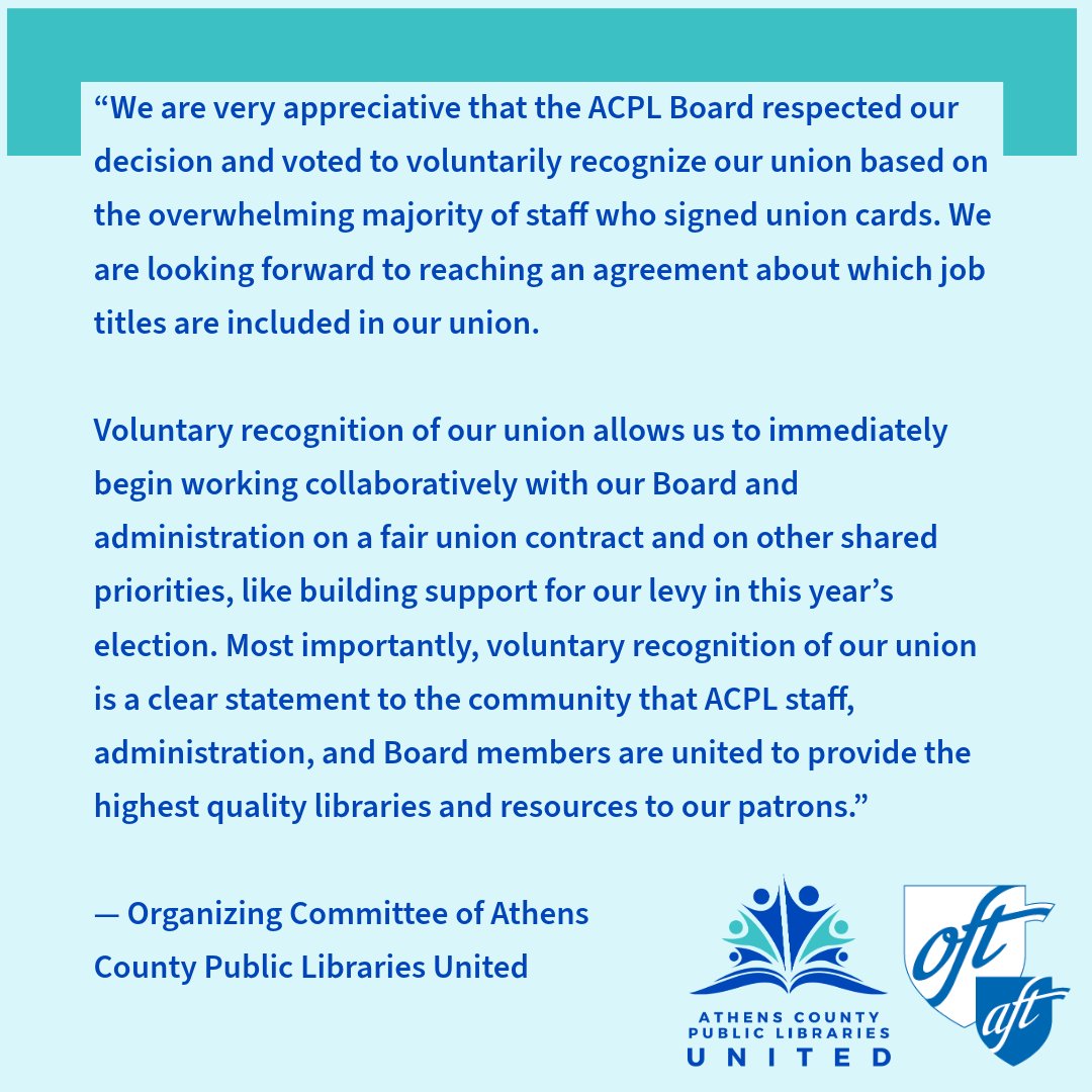 OFTlibrarywrkrs's tweet photo. NEWS: The @MyACPL Board of Trustees has committed to voluntarily recognize our union based on our overwhelming majority!
Voluntary recognition of our union allows us to immediately begin working collaboratively with our Board on a fair union contract & other shared priorities. https://t.co/jpzaIb6w6C
