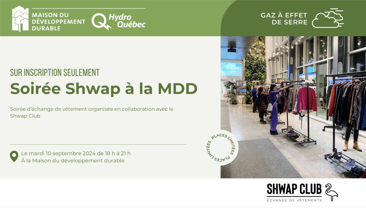 Le mardi 10 septembre de 18 h à 21 h on Shwap nos vêtements à la <a href="/MaisonDD/">Maison dév durable</a> avec le @ShwapClub! 
Tous les détails sur comment participer et pour s'inscrire, c'est par ici  bit.ly/3AjbCZC
