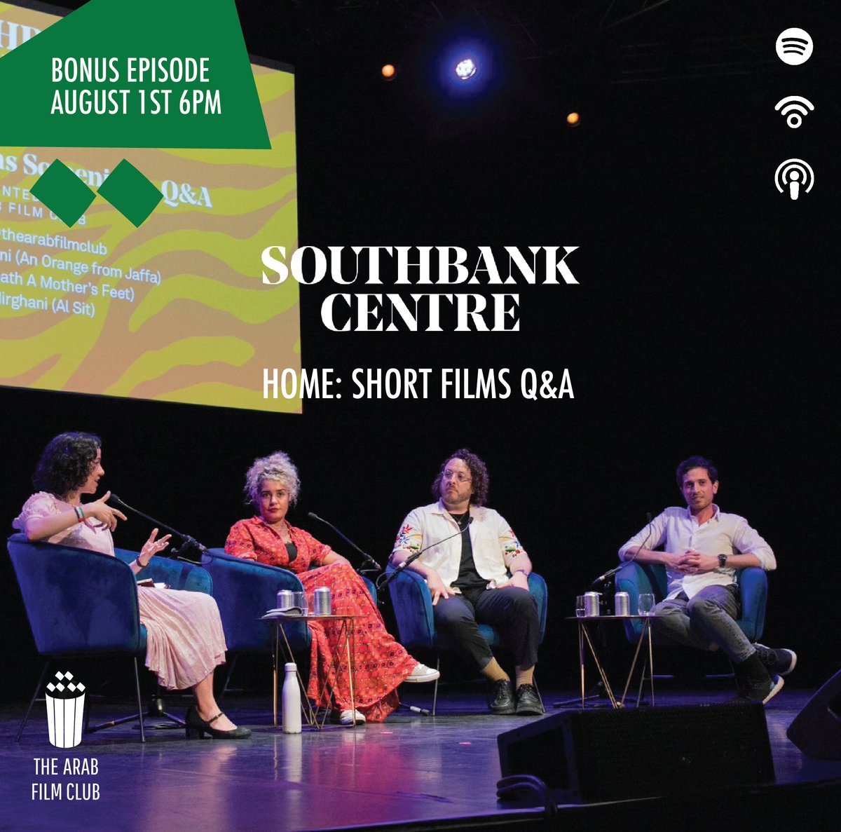 Out now! A bonus podcast - the audio from our panel discussion <a href="/southbankcentre/">Southbank Centre</a> at <a href="/RefugeeWeek/">Refugee Week 🧡</a>.

Listen on Apple Podcasts, Spotify and Podbean to hear the interview hosted by Sarah Agha with <a href="/SuziMirghani/">Suzannah Mirghani</a>, <a href="/dar_elias/">Elias Suhail</a> and Mohammed Al Mughanni. thearabfilmclub.podbean.com/e/home-qa-at-t…