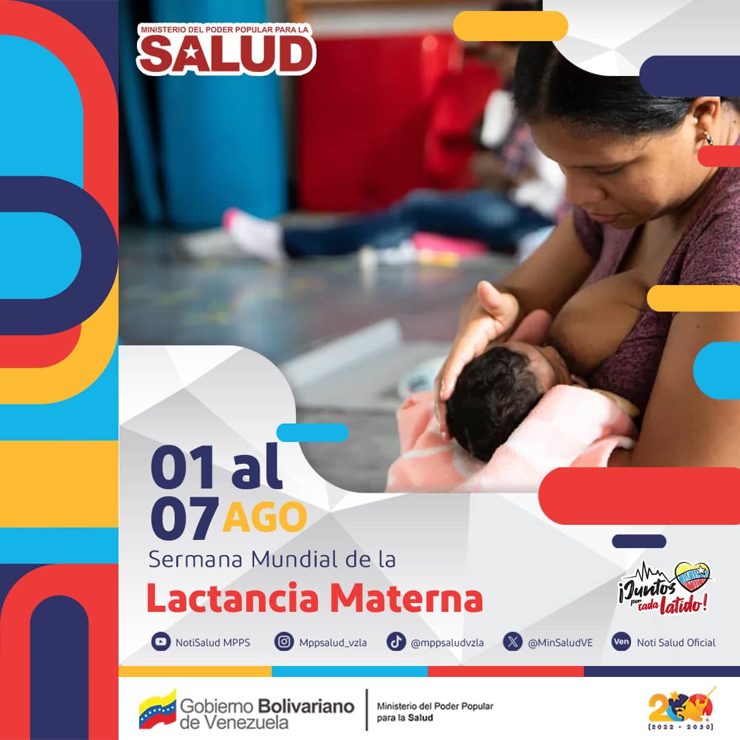 Del 1 al 7 de agosto se celebra la Semana Mundial de la Lactancia Materna, esta fecha nos recuerda la importancia de este acto de amor y cuidado hacia nuestros bebés. 

#JuntosPorCadaLatido
#PuebloDeJusticia 
<a href="/NicolasMaduro/">Nicolás Maduro</a> 
<a href="/MagaGutierrezV/">Magaly Gutiérrez Viña</a>