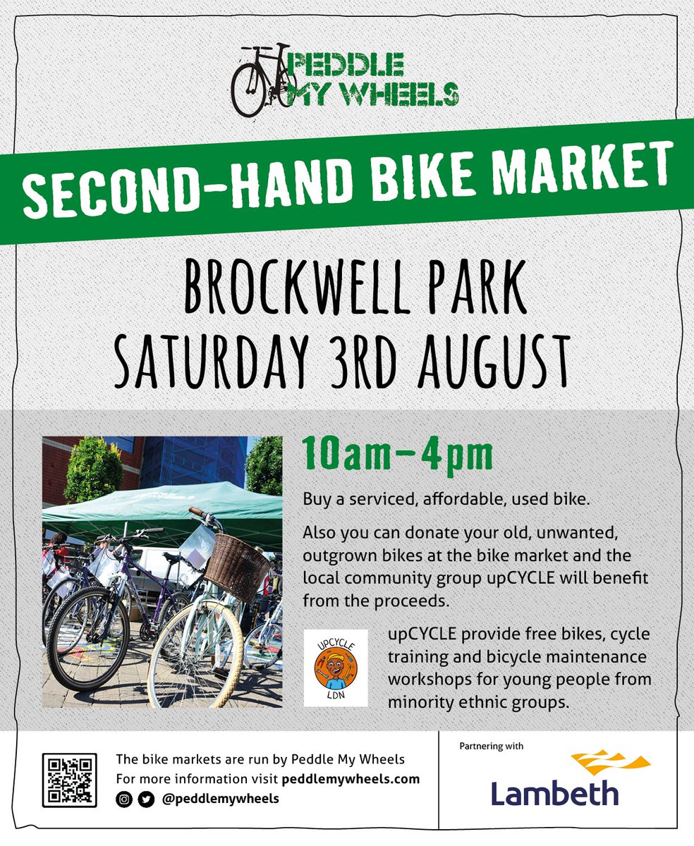 SECOND-HAND BIKE MARKET - TOMORROW

Brockwell Park- come along between 10am - 4pm
You'll find a great selection of nearly new, pre-loved and used bikes.

We also accept donations if you have unwanted or outgrown bikes you no longer want.

#activetravel #cycling #recycle #usedbike