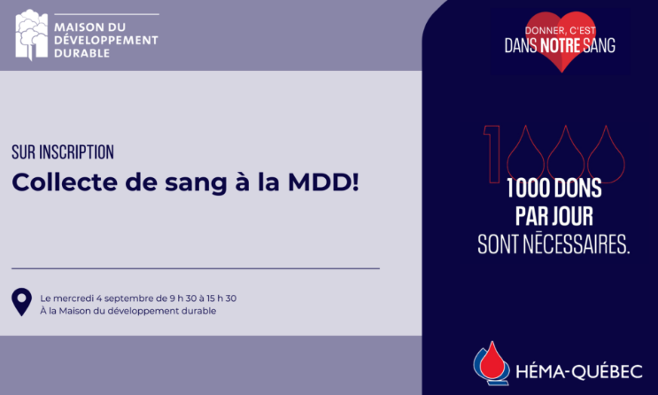 Un petit don de sang entre deux réunions? 
L’équipe d’Héma-Québec sera à la <a href="/MaisonDD/">Maison dév durable</a> le mercredi 4 septembre de 9 h 30 à 15 h 30 pour recevoir votre don! 
Réserver votre place dès aujourd'hui: bit.ly/3WvtGXX
#jedonne