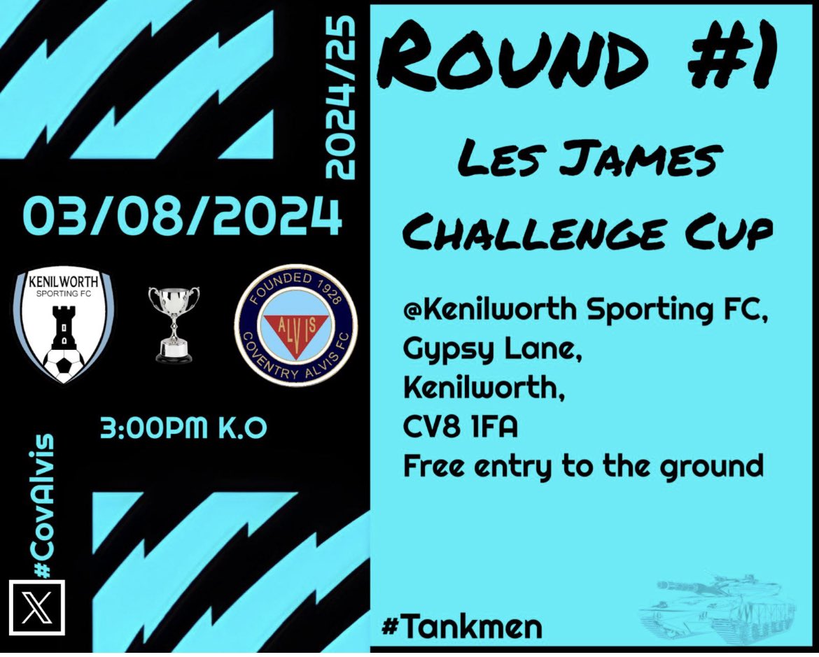 GAME DAY 1 for the new season 24/25

Short trip down the A46 to <a href="/FcKenilworth/">Kenilworth Sporting Football Club</a> for a cup game. 3pm KO nice bar and seating area for a pint while you watch!

Hopefully we get through to the next round! Come and support, it’s free entrance to the game. 

#Tankmen