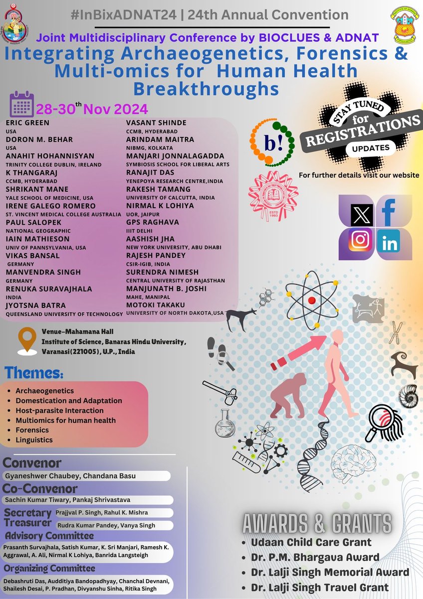 gyanc7's tweet photo. 🧬CONFERENCE ANNOUNCEMENT🧬
#BHU is hosting a #Mega joint conference of @bioclues &amp; #ADNAT societies from 28th to 30th Nov 24, focusing on "Integrating #Archaeogenetics, #Forensics, &amp; #Multiomics for #HumanHealth Breakthroughs." For more details, visit https://t.co/fjlieToiB6 https://t.co/pkgcsZOv7Q