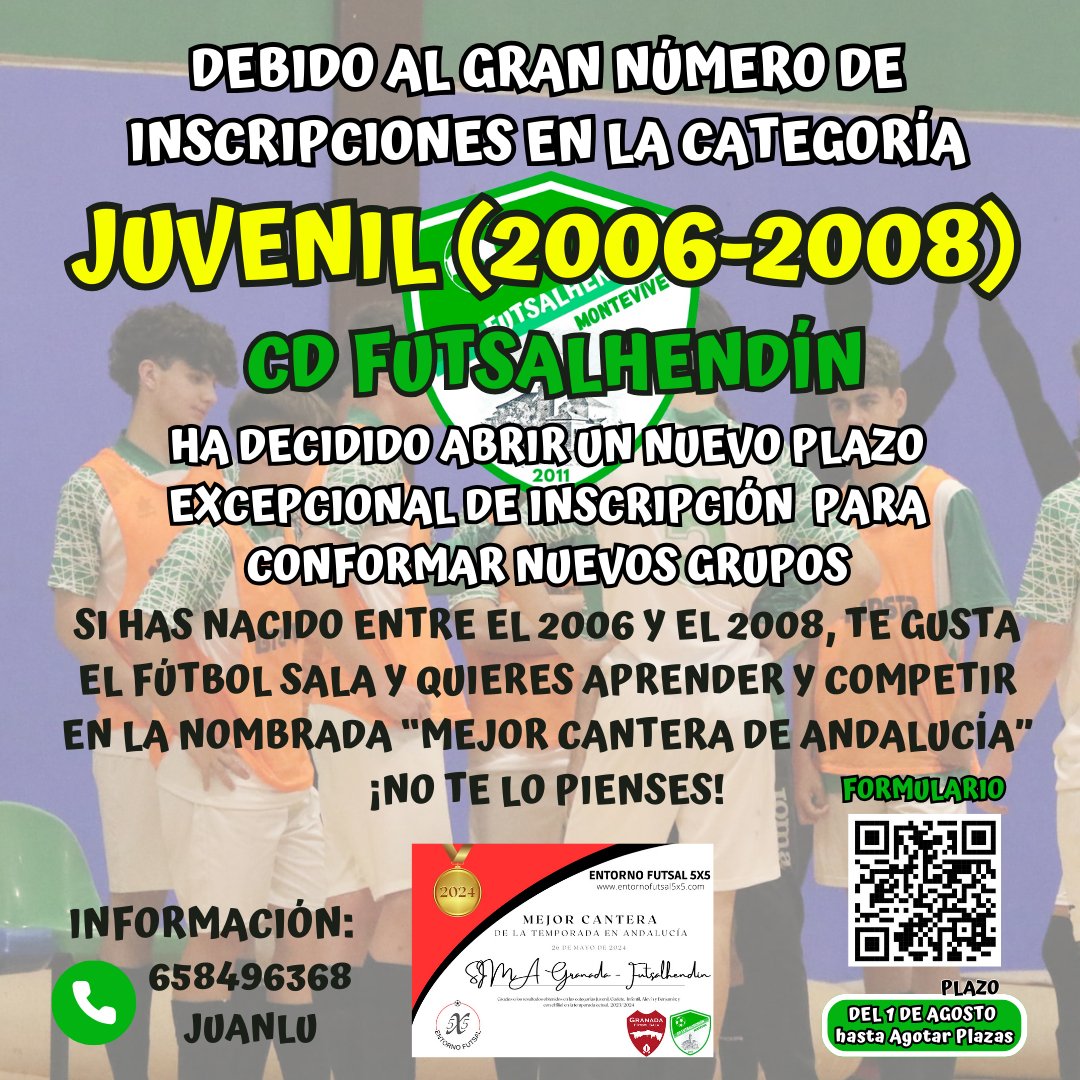 FUTSALHENDIN (@futsalhendin) on Twitter photo ¿Has nacido entre el 2006 y el 2008? No te quedes sin practicar tu deporte favorito. Inscríbete escaneando el código QR y rellenando el Formulario de Inscripción, o pídenos más información a través del teléfono del de contacto. ¡Te esperamos!
<a href="/Ayto_Alhendin/">AyuntamientoAlhendín</a> ¿Has nacido entre el 2006 y el 2008? No te quedes sin practicar tu deporte favorito. Inscríbete escaneando el código QR y rellenando el Formulario de Inscripción, o pídenos más información a través del teléfono del de contacto. ¡Te esperamos!
<a href="/Ayto_Alhendin/">AyuntamientoAlhendín</a>