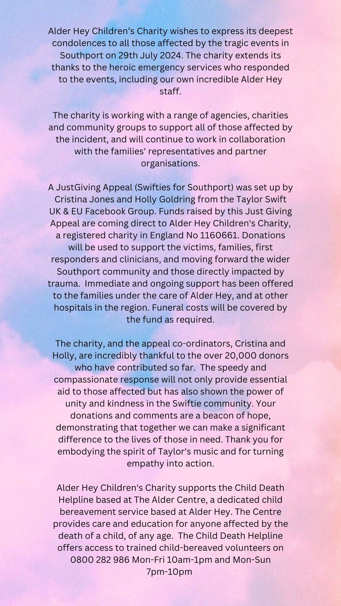 Official statement from <a href="/AlderHeyCharity/">Alder Hey Children’s Charity</a> <a href="/AlderHey/">🏥 Alder Hey 💙</a> 💜

justgiving.com/page/swifties-…