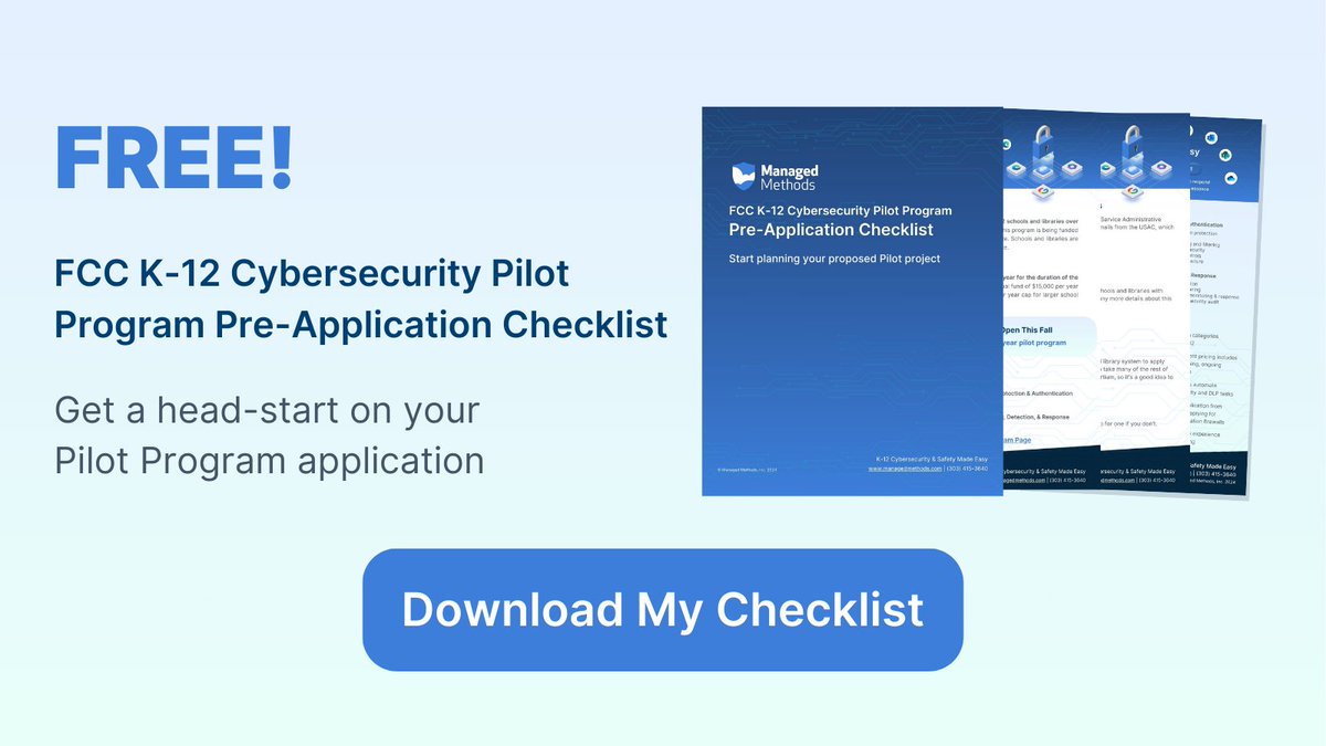 FREE! FCC Cybersecurity Pilot Program Pre-Application Checklist. Don’t miss your chance at federal funding for your district’s #cybersecurity investments.
#phishing #ransomware #studentdataprivacy #learnsecure