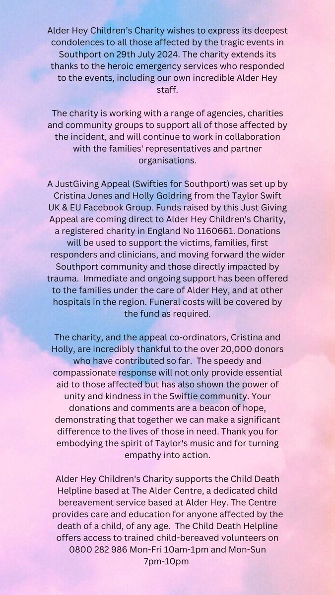 Official statement from <a href="/AlderHeyCharity/">Alder Hey Children’s Charity</a> <a href="/AlderHey/">🏥 Alder Hey 💙</a> 💜

justgiving.com/page/swifties-…