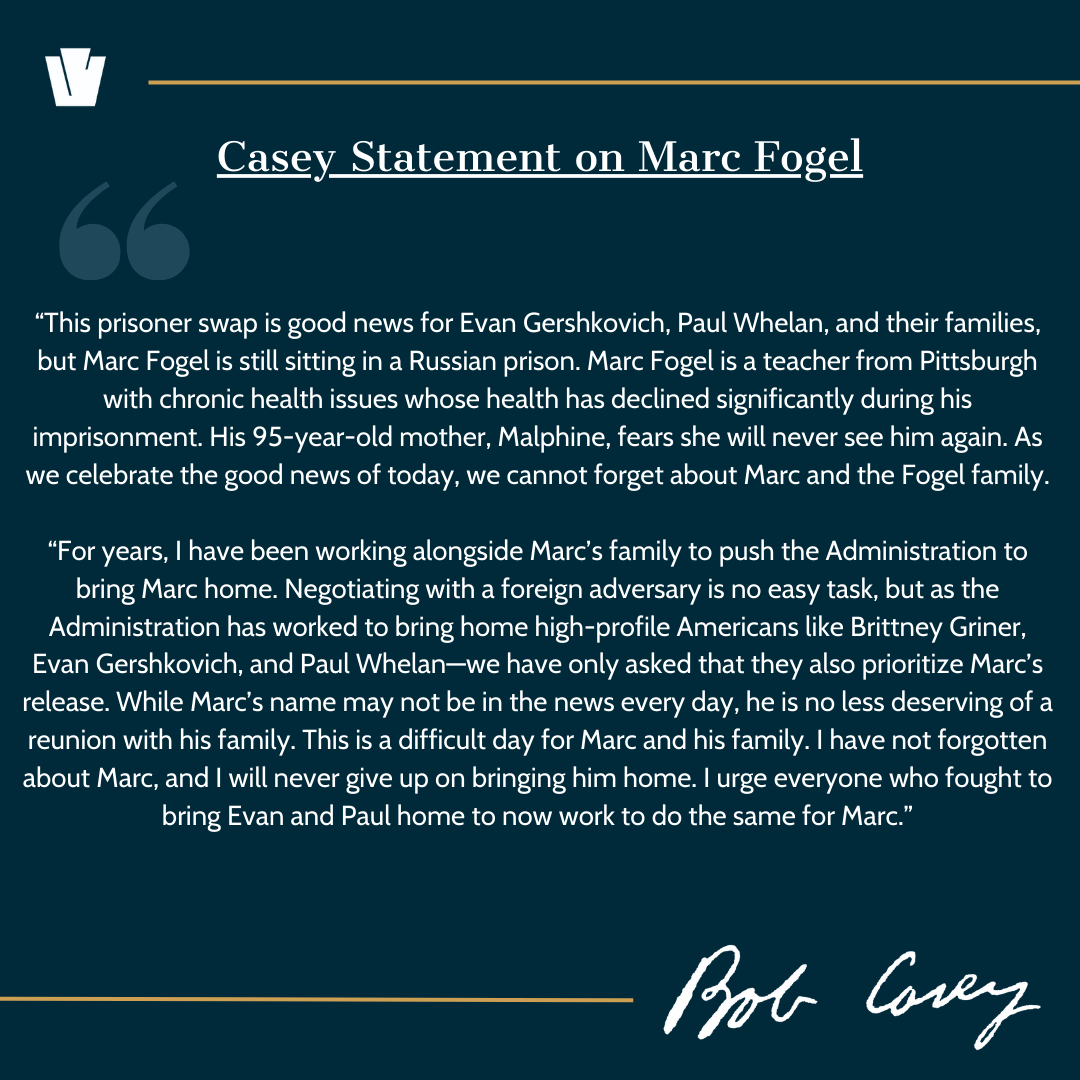 SenBobCasey's tweet photo. My statement on Marc Fogel. Full statement here: https://t.co/Kb9hiKNOgS https://t.co/Upqxx9dSj4