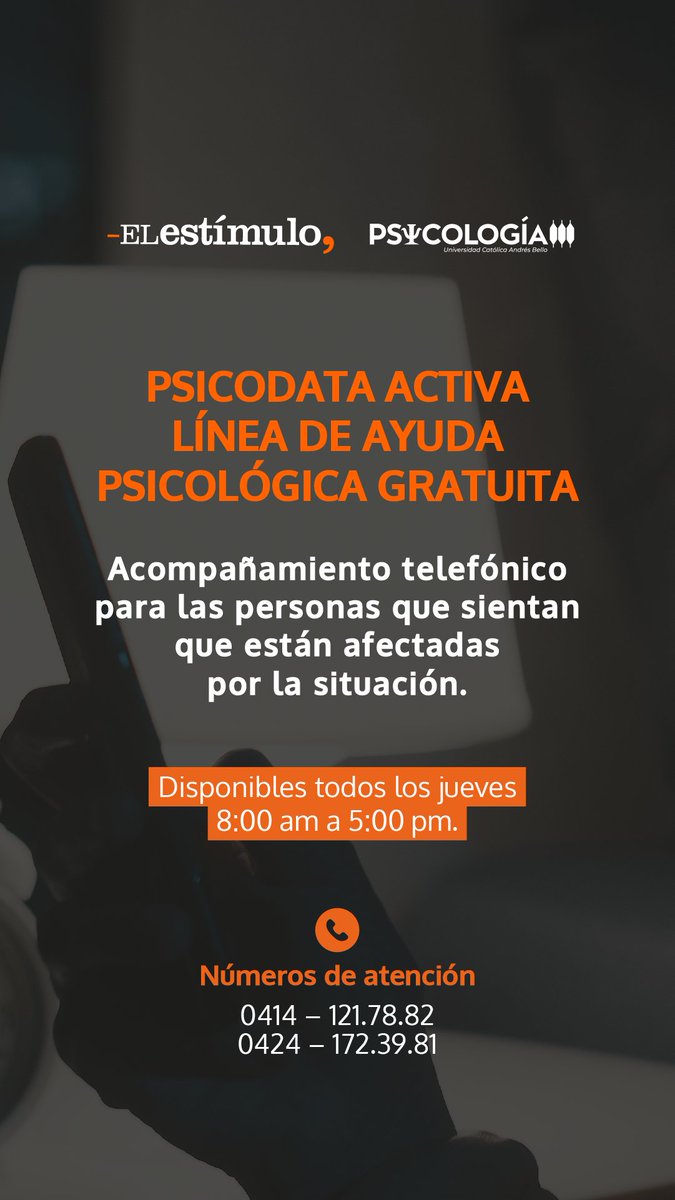 elestimulo's tweet photo. El día de hoy está disponible el servicio de ayuda psicológica de la @enlaucab hasta las 5:00 pm. 

El programa "PsicoLínea UCAB: Línea de Ayuda Psicológica" ofrece primeros auxilios psicológicos e intervención en casos de crisis, a través de llamadas telefónicas.