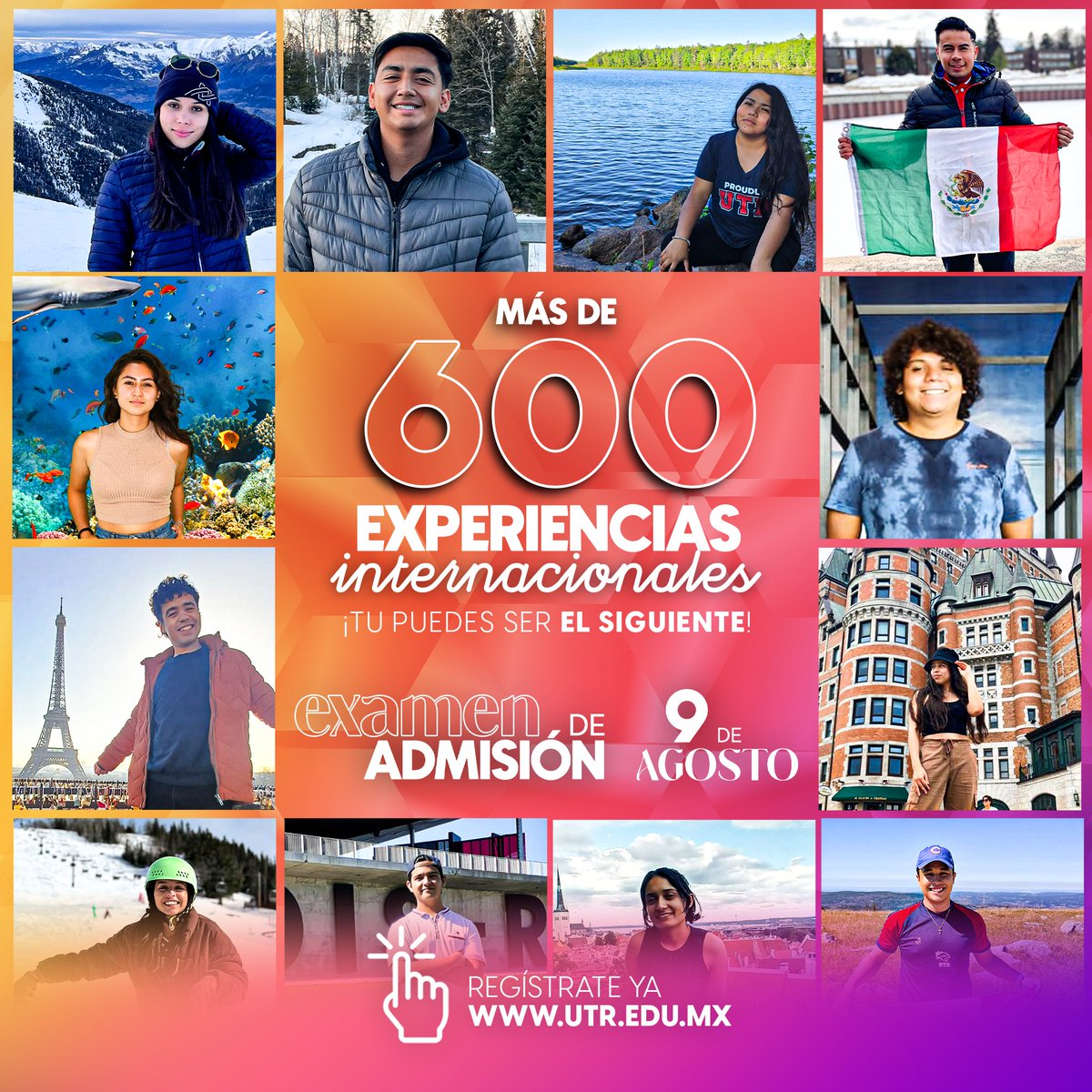 ¿Sueñas con ser el mejor y experimentar nuevas culturas? Vive experiencias internacionales ingresando a la #UTR ÚNICA FECHA EXTRAORDINARIA📷. viernes 9 de agosto📷
Inscríbete aquí: utr.edu.mx.
¿Dudas? Escríbenos:📷 449 978 09 84📷
WhatsApp 44449 415 5135