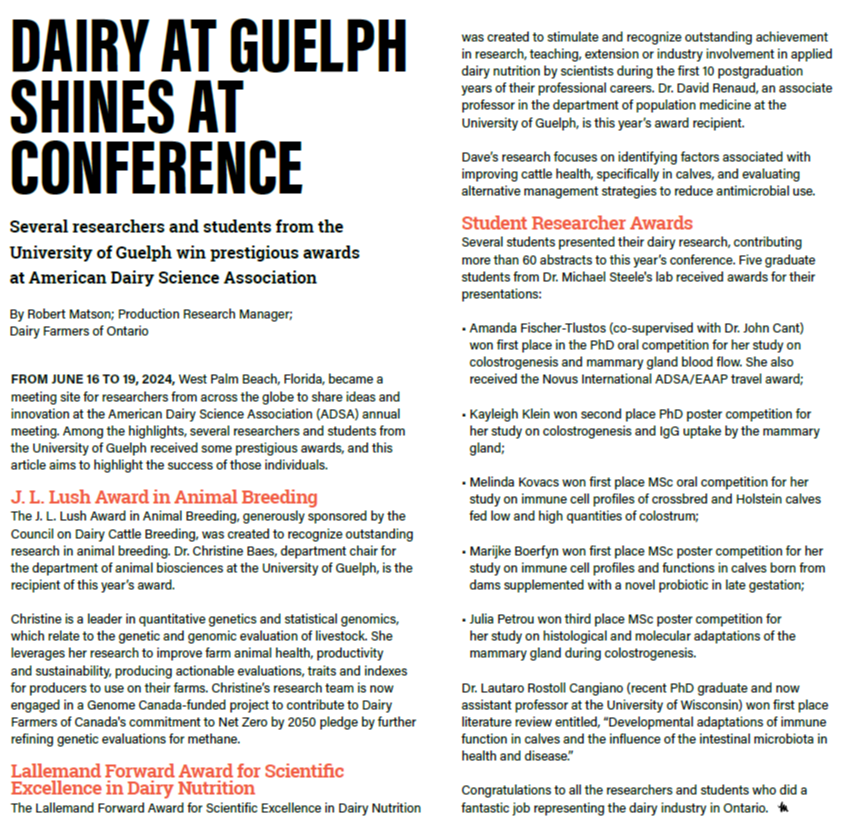 DairyatGuelph's tweet photo. Dairy at Guelph shines at the largest dairy science meeting. Read about some of our grad students and faculty who won awards at the recent @ADSAorg conference   @ABSc_UofG @OntVetCollege @UofGResearch 
Page 34 in the current issue of The Milk Producer
https://t.co/FFotgCH1qn https://t.co/AYMYwqF6Kc