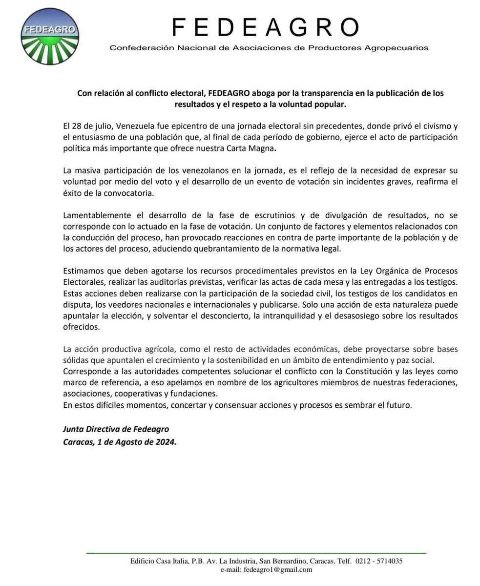 #COMUNICADO
Con relación al conflicto electoral, FEDEAGRO aboga por la transparencia en la publicación de los resultados y el respeto a la voluntad popular