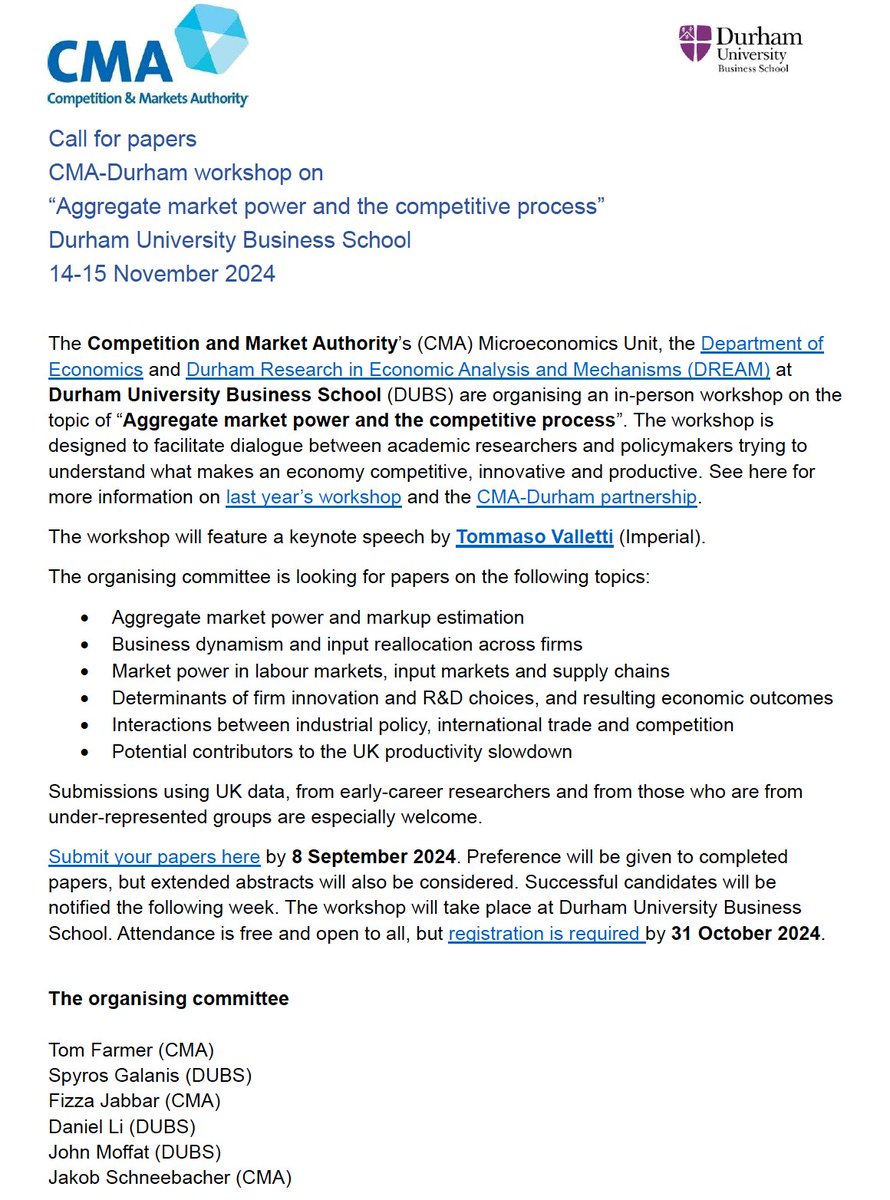 Jakob Schneebacher (@j_schneebacher) on Twitter photo Working on aggregate market power, business dynamism or the competitive process?
Submit a paper to the third <a href="/CMAgovUK/">Competition & Markets Authority</a> and <a href="/durhameconomics/">Durham Uni Economics</a> workshop on 14-15 November!
1/2 Working on aggregate market power, business dynamism or the competitive process?
Submit a paper to the third <a href="/CMAgovUK/">Competition & Markets Authority</a> and <a href="/durhameconomics/">Durham Uni Economics</a> workshop on 14-15 November!
1/2
