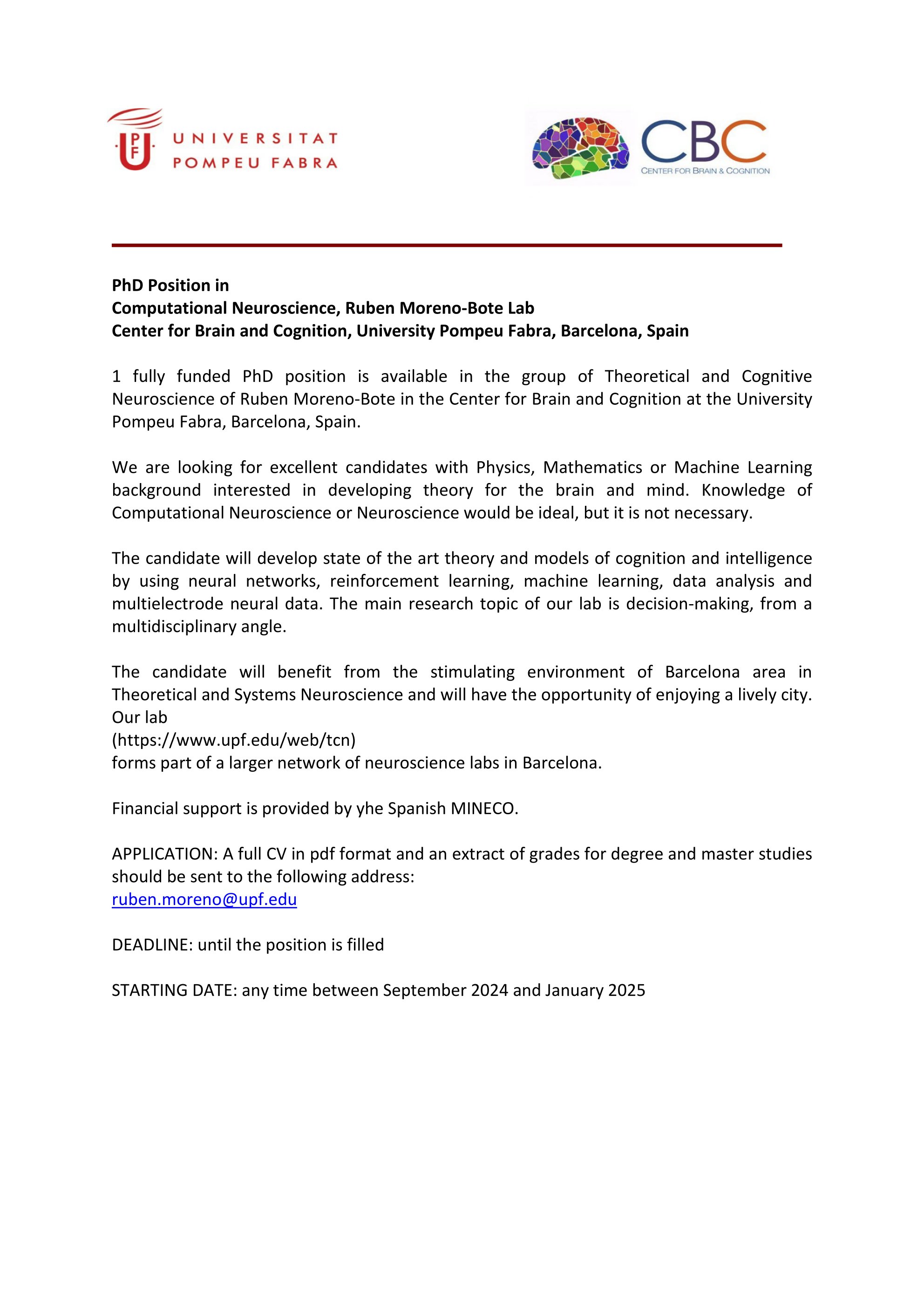 Rubén Moreno-Bote on X: &ldquo;Looking for talented PhD students 