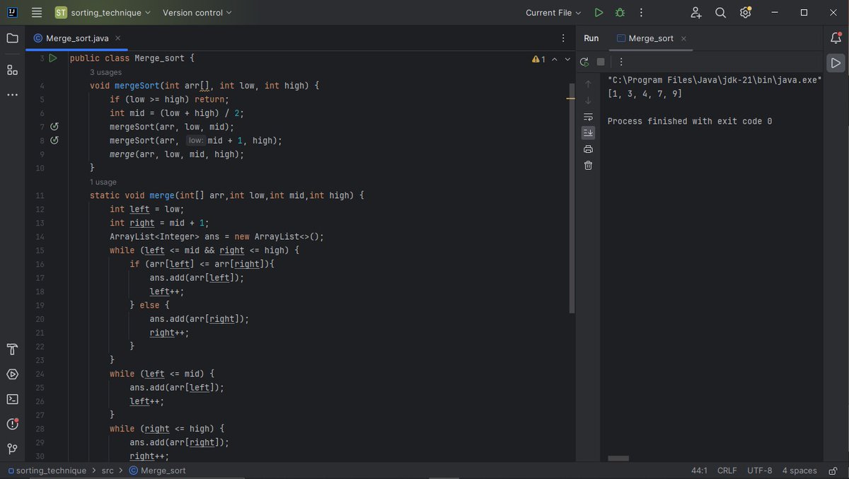 ronakyadav1325's tweet image. Day : 60 🤝🏻
Topic : Sorting technique 🧩
Description : Merge Sort 🗂️ 
#DSA #StriverA2ZDsa