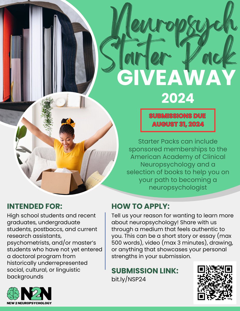 N2N is excited to share that submissions for our annual Neuropsych Starter Pack Giveaway are now 🌟 OPEN 🌟!

We want to hear from you 🫵 about your "why," in a medium that feels authentic to you! 📝🎥🎶🎨🕺

Submissions due August 31st! ➡️ bit.ly/NSP24
