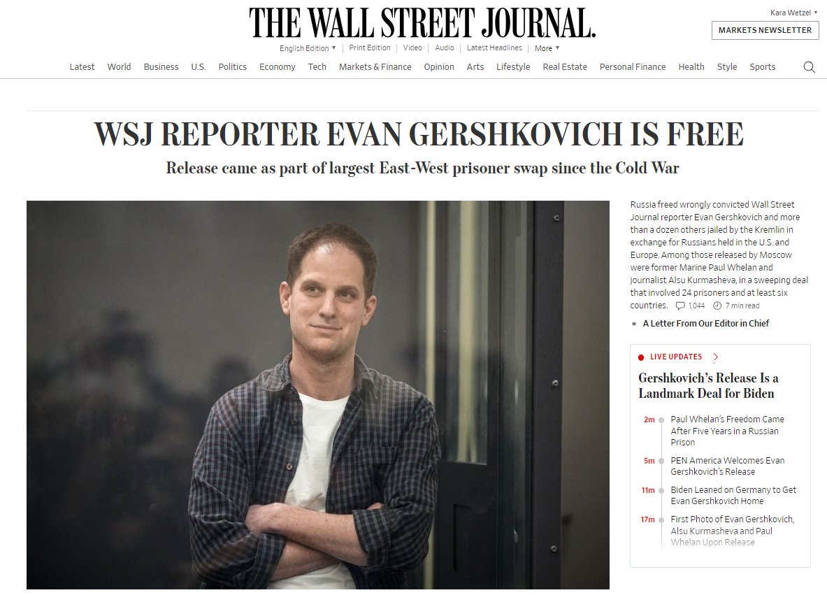 Scott Austin (@scottmaustin) on Twitter photo The best WSJ homepage.
Just last night I gave my daughter an extra "Free Evan" pin to put on her new backpack.
So happy for <a href="/evangershkovich/">Evan Gershkovich</a>, and congratulations to all his <a href="/WSJ/">The Wall Street Journal</a> colleagues who for the past 16 months fought for his release and for press freedom. #istandwithevan The best WSJ homepage.
Just last night I gave my daughter an extra "Free Evan" pin to put on her new backpack.
So happy for <a href="/evangershkovich/">Evan Gershkovich</a>, and congratulations to all his <a href="/WSJ/">The Wall Street Journal</a> colleagues who for the past 16 months fought for his release and for press freedom. #istandwithevan