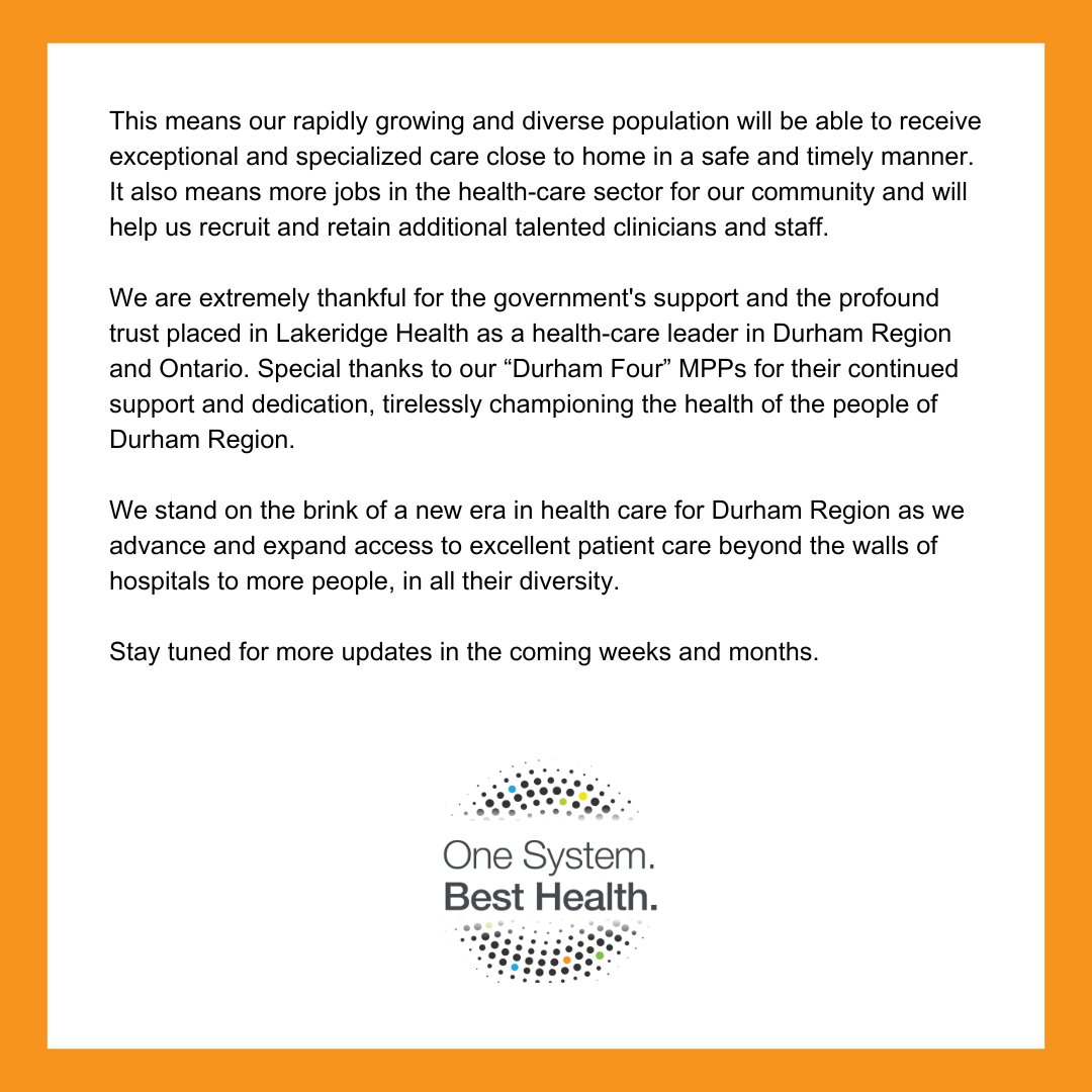 LakeridgeHealth's tweet photo. We are thrilled to share that, today, the Ontario government announced a transformative investment towards expanding health-care services in #DurhamRegion. 📢🏥 

Read more: https://t.co/ImDwsJJQff

#LakeridgeHealth #OneSystemBestHealth #DurhamRegion #HealthCare #onpoli https://t.co/Of8HnTDifu