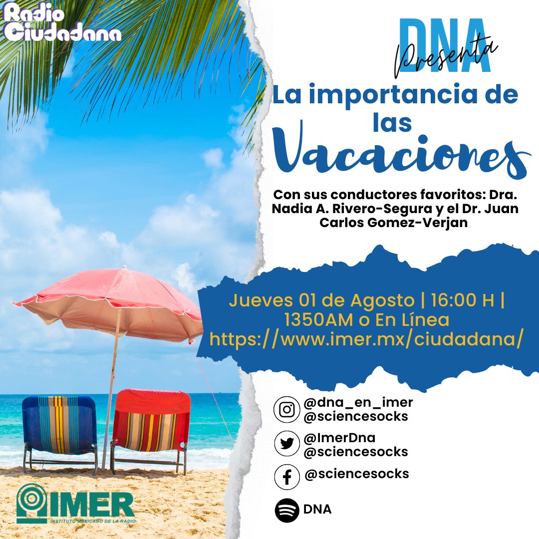 Las vacaciones son fundamentales para nuestro organismo :) incluso son vitales para nosotros!!! 
Descubre los beneficios de las vacaciones con nuestros científicos favoritos Nadia Rivero y Juan Carlos Gómez
Solo por @ciudadanaimer 
Jueves a las 16:00H
1350AM