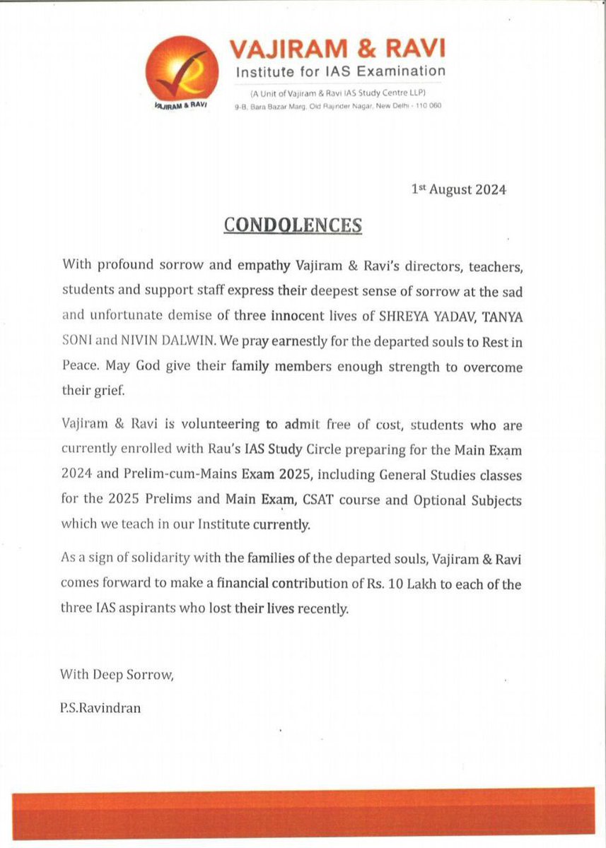UPSC_Notes's tweet photo. Vajiram and Next IAS have announced ₹10 lakh each to the families of all three deceased students as compensation, and free enrollment for Rau’s IAS students into their institutions.

Thank you so much @NEXTIAS_Delhi and @VajiramRavi for extending your support to the student community.