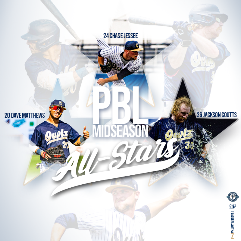 OwlzNoCo's tweet photo. Three hooters having a heckuva season so far! Congratulations to our @PBL1939 Midseason All-Stars! 

Show these guys some love 👏👏👏 and then read the full story by clicking the image below! 

#BaseballWithaZ @DaveMatthewss @ChaseJessee3 @JCoutts17
