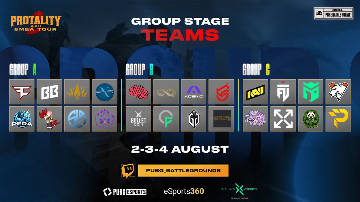 PROTALITY (@protalitygg) on Twitter photo The real fight starts now! 🔥
PROTALITY EMEA TOUR 2 Group Stage groups have been announced!
See you on August 2nd.
📺 twitch.tv/pubg_battlegro…
<a href="/PUBGEsports/">PUBG Esports</a> <a href="/PUBG_TUR/">PUBG: BATTLEGROUNDS Türkiye</a> The real fight starts now! 🔥
PROTALITY EMEA TOUR 2 Group Stage groups have been announced!
See you on August 2nd.
📺 twitch.tv/pubg_battlegro…
<a href="/PUBGEsports/">PUBG Esports</a> <a href="/PUBG_TUR/">PUBG: BATTLEGROUNDS Türkiye</a>