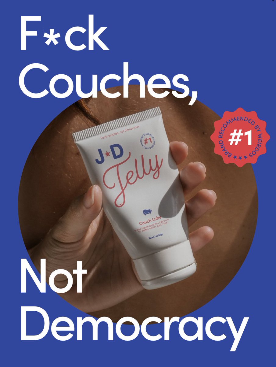 CalltoActivism's tweet photo. If you'd rather JD fuck couches than f*ck our democracy, slip into this site and get your JD Jelly Couch Lube now. 

ALL profits go to Kamala’s 2024 campaign. Let's slide Donald &amp; JD right out of power.

https://t.co/obNmnlCdXC https://t.co/F9Vemd3mo7