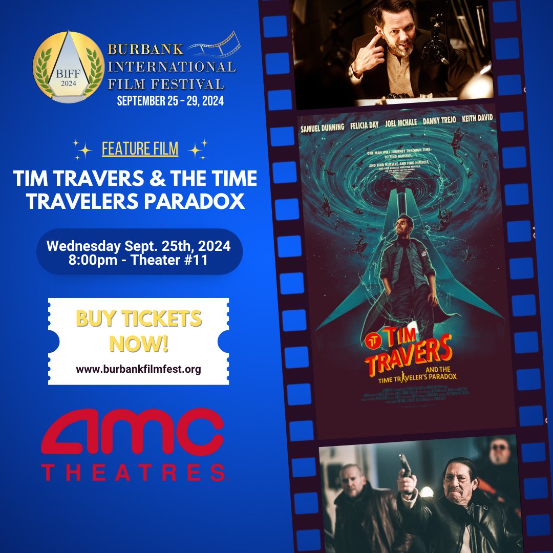 FilmFestBurbank's tweet photo. Join us at our opening night feature, "Tim Travers &amp; the Time Travelers Paradox." 

Director/Writer: Stimson Snead

Starring: Samuel Dunning, Felicia Day, Joel McHale, Danny Trejo, and Keith David.

#burbankinternationalfilmfestival #filmfestival #creativitydreamsbig #timetravel https://t.co/ZkUEJoe4o4