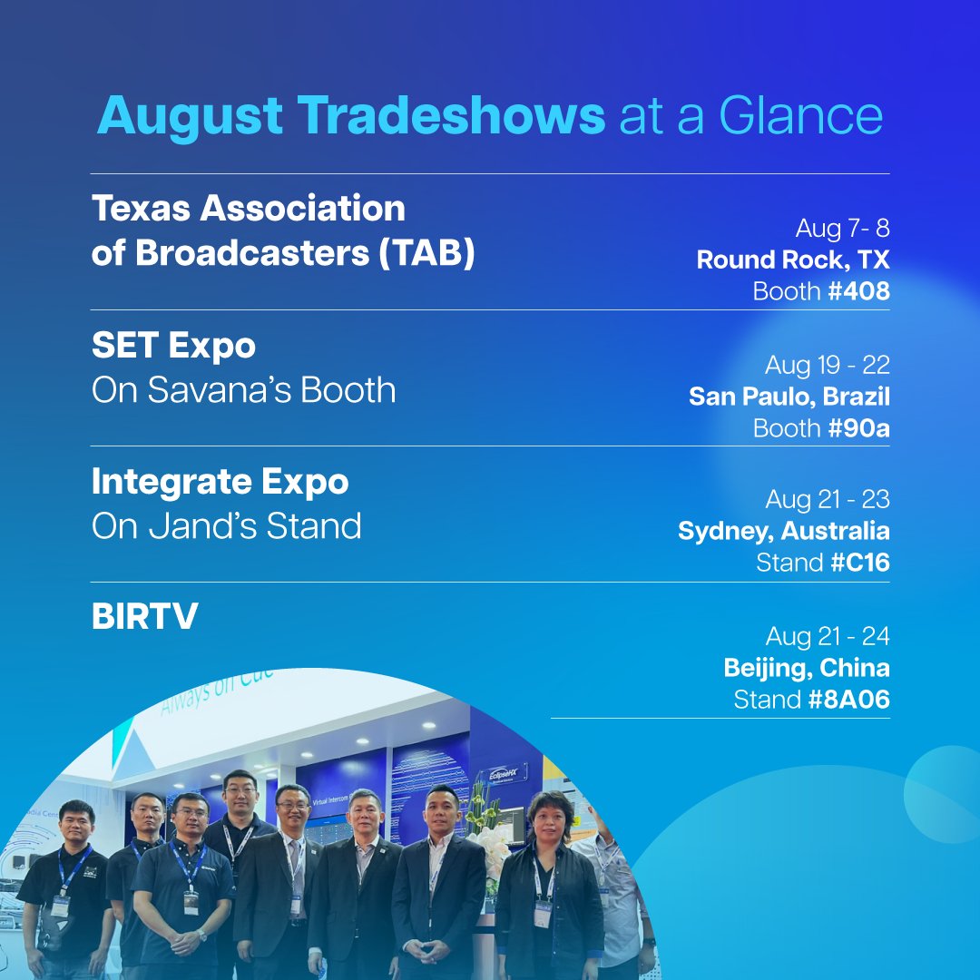 clearcomsystem's tweet photo. 🌟 Announcing the August Tradeshow Lineup! 🌟 Clear-Com is crossing hemispheres and making a splash at top tradeshows around the globe. Don’t miss out—explore our events page here: https://t.co/xS3eRsbum7 ! #ClearCom #AugustTradeshows #ProAV https://t.co/lct6R6xsQh