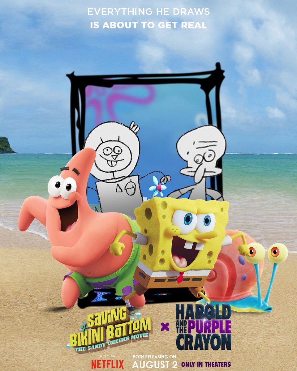 JuanpaDraws's tweet photo. Both are coming out the same day, so I made this 😆😆 #SavingBikiniBottom #TheSandyCheeksMovie #Netflix #ParamountPicture #HaroldAndThePurpleCrayon #SonyPictures #ColumbiaPictures #Edit  #Poster https://t.co/JYzWMVwbyz