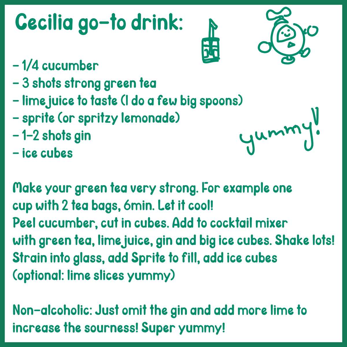 ceciliaimgreen's tweet photo. Since it was requested, here is my go-to yummy cocktail!
I usually eyeball it and adjust it so not 100% sure with the ratio but this was my best guess!! If you don't like it, you probably made it wrongly! hehehe

Feel free to try it or its non-alcoholic variant! https://t.co/nkC0G66Ks8