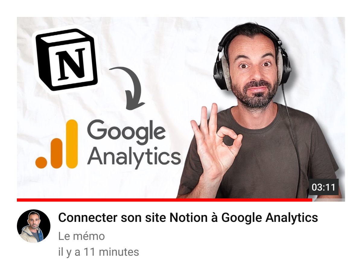 Connecter votre site Notion à Google Analytics ça vous dit ?

Voici un lien vers le tuto complet :
youtu.be/iuJVUK6C6Bk
