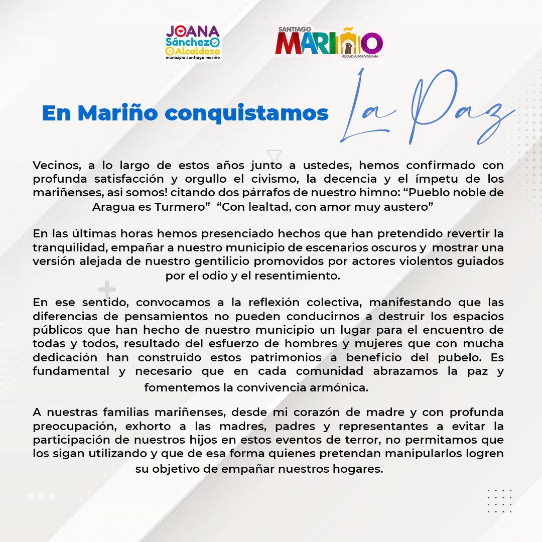 johanitakenpo's tweet photo. #1Ago #ComunicadoOficial A lo largo de estos años hemos confirmado con orgullo, el civismo un el ímpetu de los mariñenses. Vecinos y vecinas, sigamos unificando esfuerzos para garantizar la tranquilidad en nuestras comunidades. ¡En Mariño conquistamos la paz! #PuebloDeJusticia https://t.co/o1Hzal5gPr