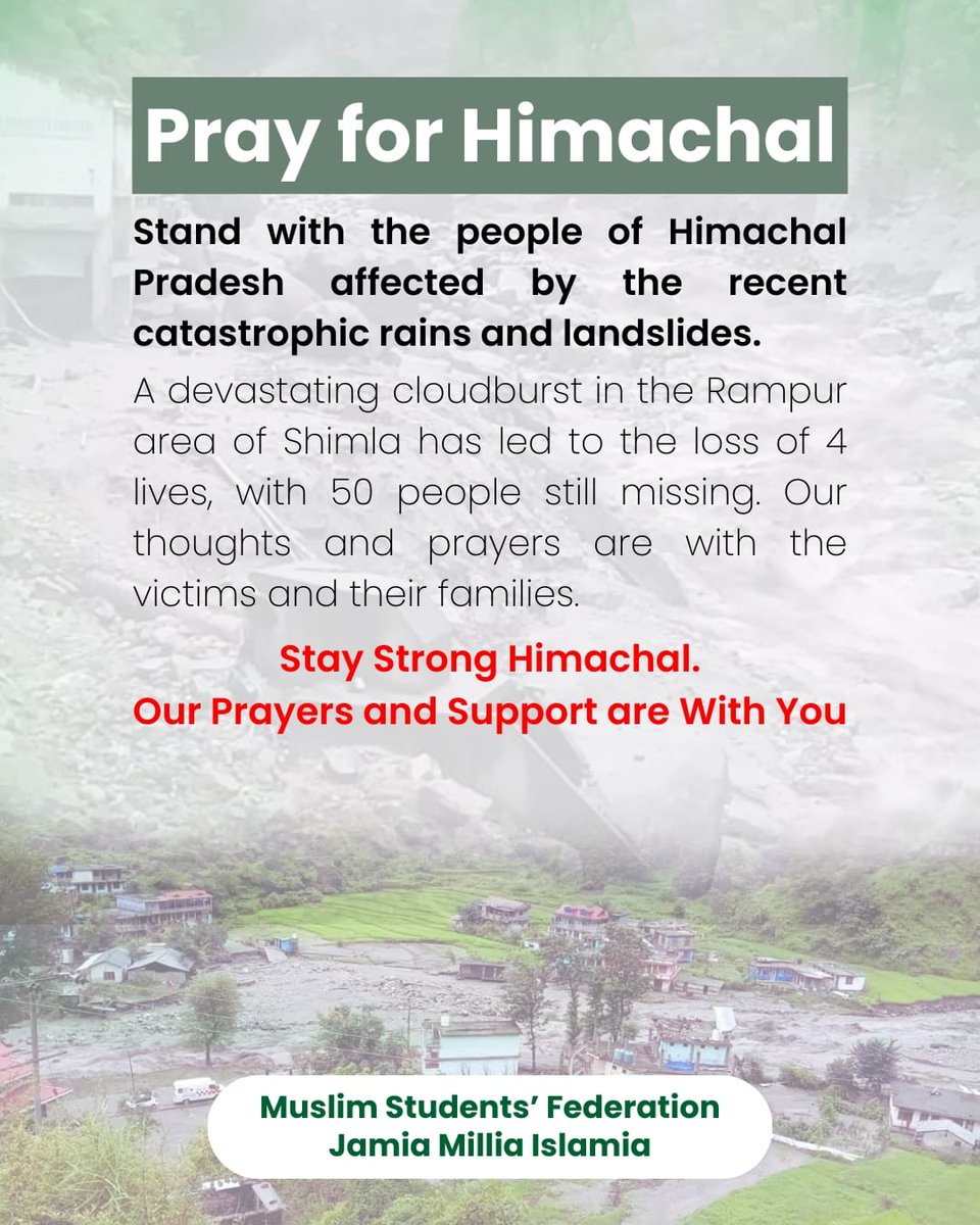 msfjmi's tweet photo. Our hearts go out to our brothers and sisters who have tragically lost their lives in the recent natural disasters across the nation. We stand together in solidarity and support.
msf Jamia Millia Islamia
#naturaldisasters #savehumans #himachal #himachalpradesh #landslide https://t.co/sUNmY34jmV