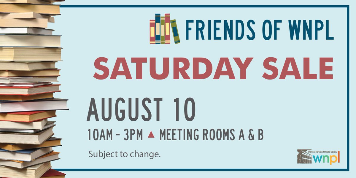 📅 Mark your calendars! The Friends of WNPL Saturday Sale is back on Sat., Aug. 10, from 10AM to 3PM featuring books and DVDs of all types. 📚 💿 Proceeds from sales help fund library programs. wnpl.info/saturdaysaleau… #BookSale #Books #DVDs #Community
