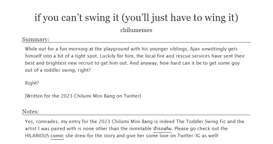 my first collab was for the 2023 <a href="/ChilumiMinibang/">Chilumi Minibang 2024</a>, which was also my first time joining a fanfic event! as usual, the story started out as a joke but i'm really glad my pitch caught isna's eye bc the comic she drew for it still cracks me up so much (🔗s below)
#CollabThursday