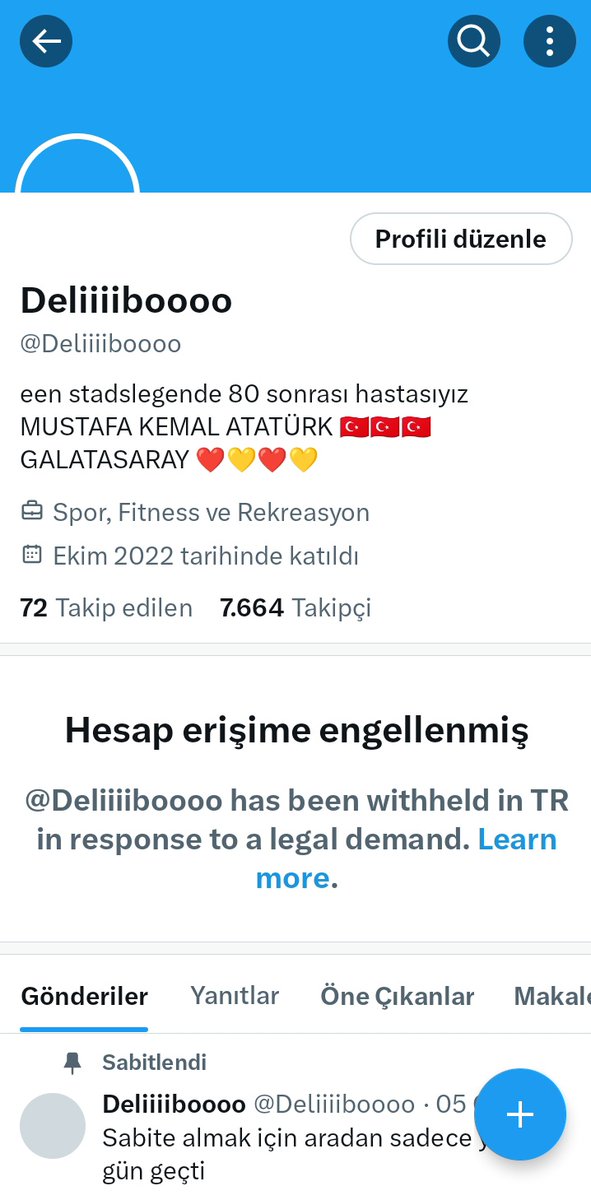 Demirbilek2002's tweet photo. Ben DELİ İBO 
Hesabımız beklediğim doğrultuda erişim engeli yedi
Gören tanıyan ve bir şekilde faydamız dokunan dostlarımızın 
kitlemize ulaşabilmek için desteklerini bekliyorum
RT atan elleriniz dert görmesin 🙋 https://t.co/wf7Xh3DuIa