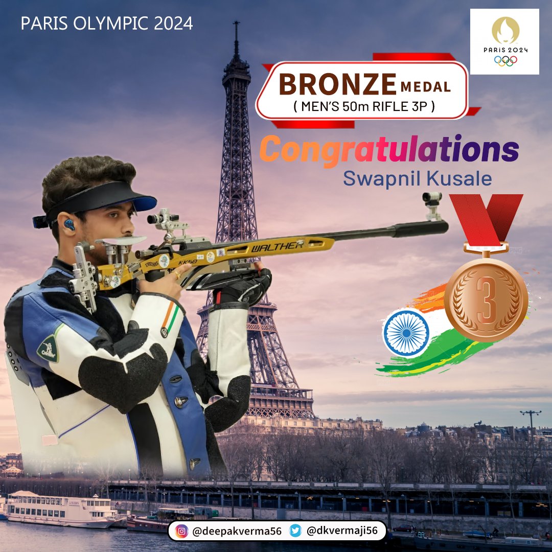 dkvermaji56's tweet photo. Congratulations swapnil kusale for winning the bronze medal in the Paris Olympic 2024/

#Paris2024Olympic #bronzemedal #teamindia #shoot #Paris2024 #OlympicGamesParis2024 #sports #GamersUnite #ChakDeIndia #NewIndia https://t.co/Q2Ack8zDYC