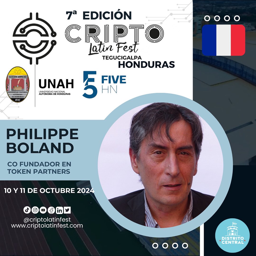 Criptolatinfest's tweet photo. ¡No te pierdas la oportunidad de escuchar a @enREDo Co fundador de Token Partners en la séptima edición del Cripto Latin Fest 2024 junto a @UNAHoficial Universidad Nacional Autónoma de Honduras @IIES_UNAH y @fivehn_ . 🎉 

Únete a nosotros para descubrir sus conocimientos y perspectivas sobre el mundo de la Web3 y la tecnología Blockchain. 🤳🏻

Te esperamos este 10 y 11 de Octubre, ¡Nos vemos en Honduras! 🇭🇳 

Adquiere tu entrada aquí: https://t.co/1GLd7f3dlS 🎟️

#Criptolatinfest #SeptimaEdicion #Honduras #Tegucigalpa #Cripto #EducacionCripto