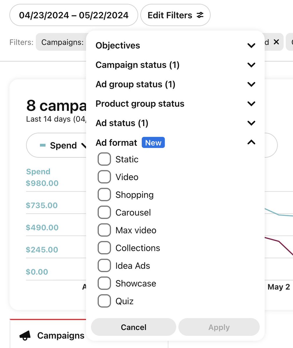 jordanfry's tweet photo. Pinterest now allows filtering by ad format. Massive W to get a view on what formats are working and what's not. I was relying on naming conventions prior to this.
#pinterestads #ecommerce #dtc https://t.co/uDNfwPDYrh